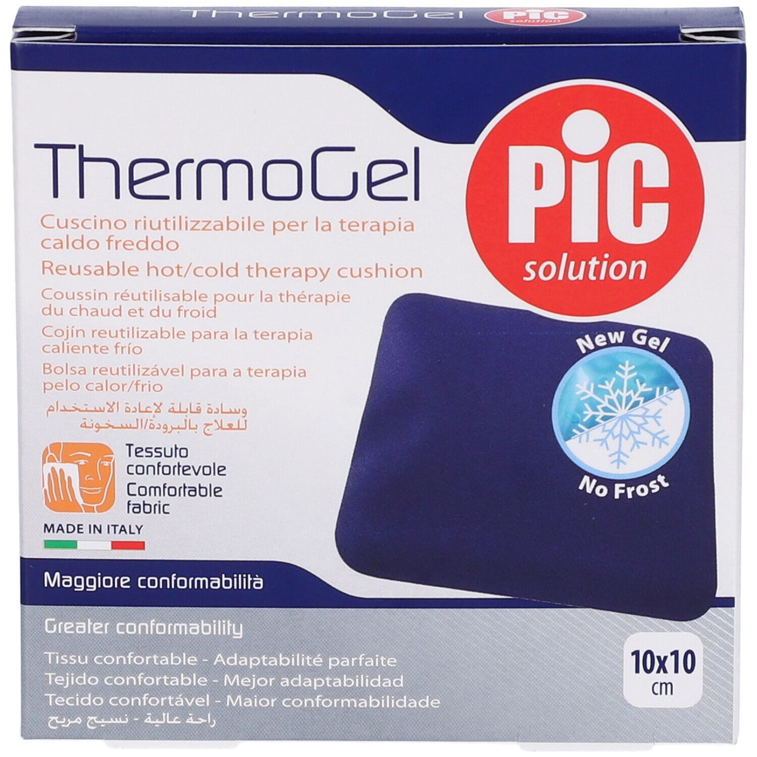 Confezione ThermoGel. Cuscino in gel blu. Logo PIC. Testo: 10x10 cm. Riutilizzabile caldo/freddo.