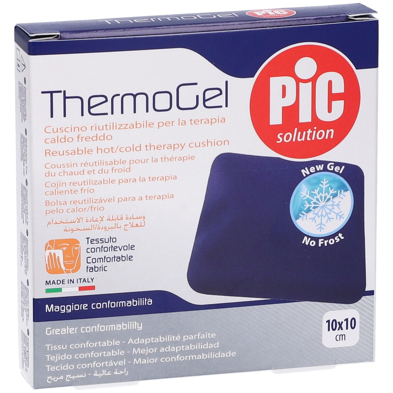 Confezione ThermoGel. Cuscino in gel blu. Logo PIC. Testo: 10x10 cm. Riutilizzabile caldo/freddo.