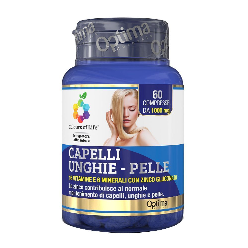 Blaue Flasche mit Kapseln. Aufschrift: Colours of Life, Capelli Unghie e Pelle. 60 Tabletten, 1000 mg.