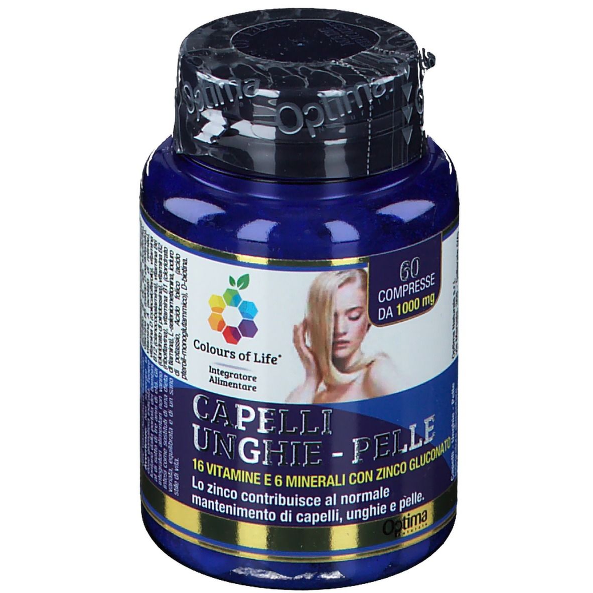 Blaue Flasche mit Kapseln. Aufschrift: Colours of Life, Capelli Unghie e Pelle. 60 Tabletten, 1000 mg.