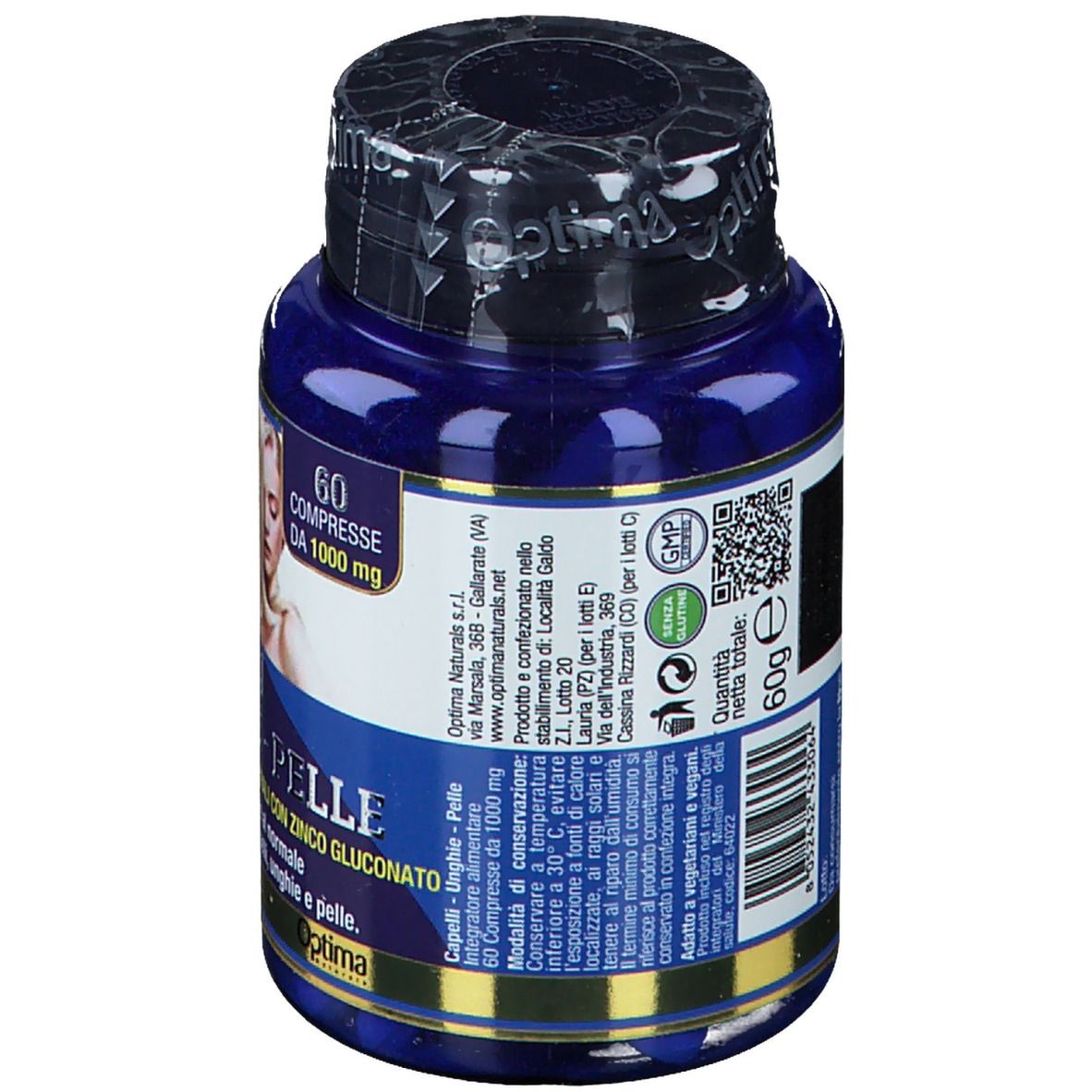 Blaue Flasche mit Kapseln. Aufschrift: Colours of Life, Capelli Unghie e Pelle. 60 Tabletten, 1000 mg.