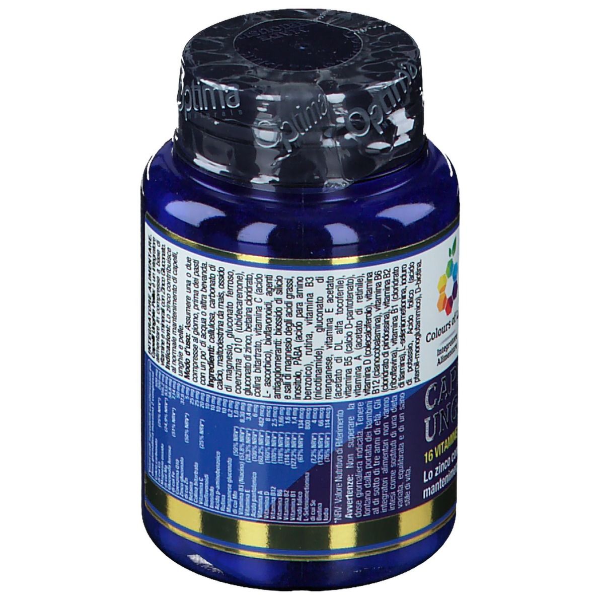 Blaue Flasche mit Kapseln. Aufschrift: Colours of Life, Capelli Unghie e Pelle. 60 Tabletten, 1000 mg.