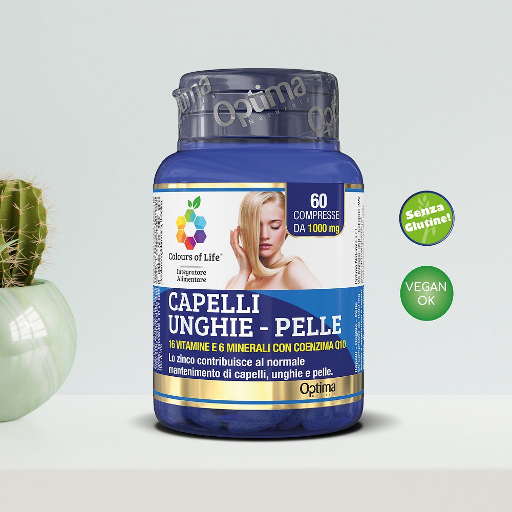Blauer Behälter mit 60 Tabletten. Zertifiziert als glutenfrei und vegan. Für Haare, Nägel und Haut.