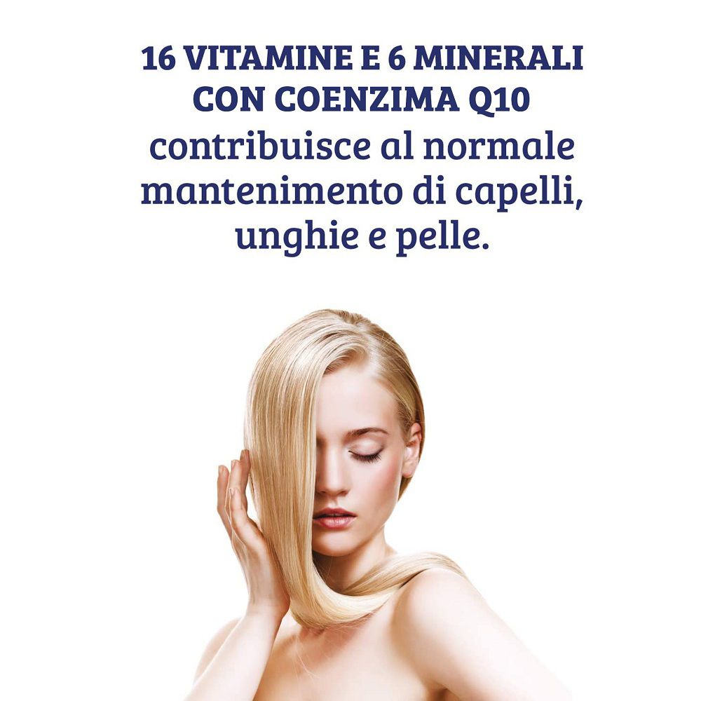 Nahaufnahme der Inhaltsstoffe: 16 Vitamine, 6 Mineralien, Coenzym Q10 für Haare, Nägel und Haut.