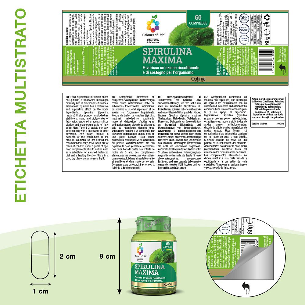 Seitenansicht der grünen Spirulina Maxima Pillendose mit Etikettendetails.