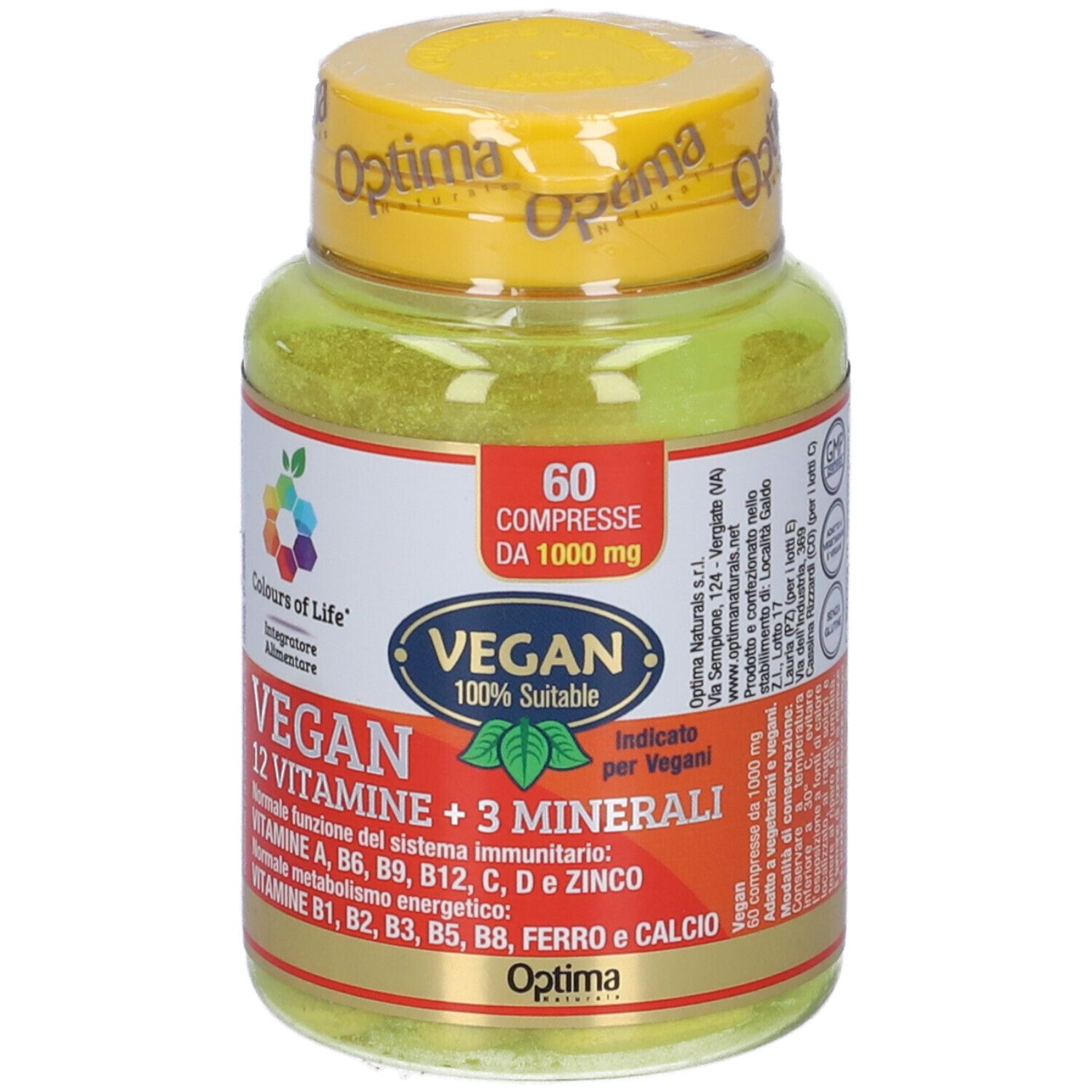 Gelbe Flasche mit Tabletten. Aufschrift: Vegan, 12 Vitamine + 3 Mineralien. 60 Tabletten.