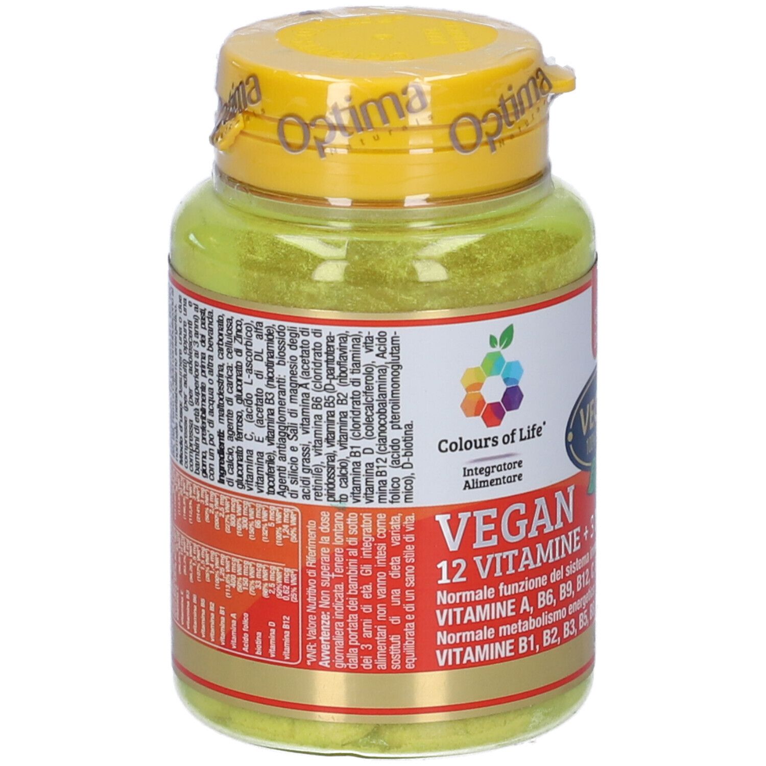 Gelbe Flasche mit Tabletten. Aufschrift: Vegan, 12 Vitamine + 3 Mineralien. 60 Tabletten.