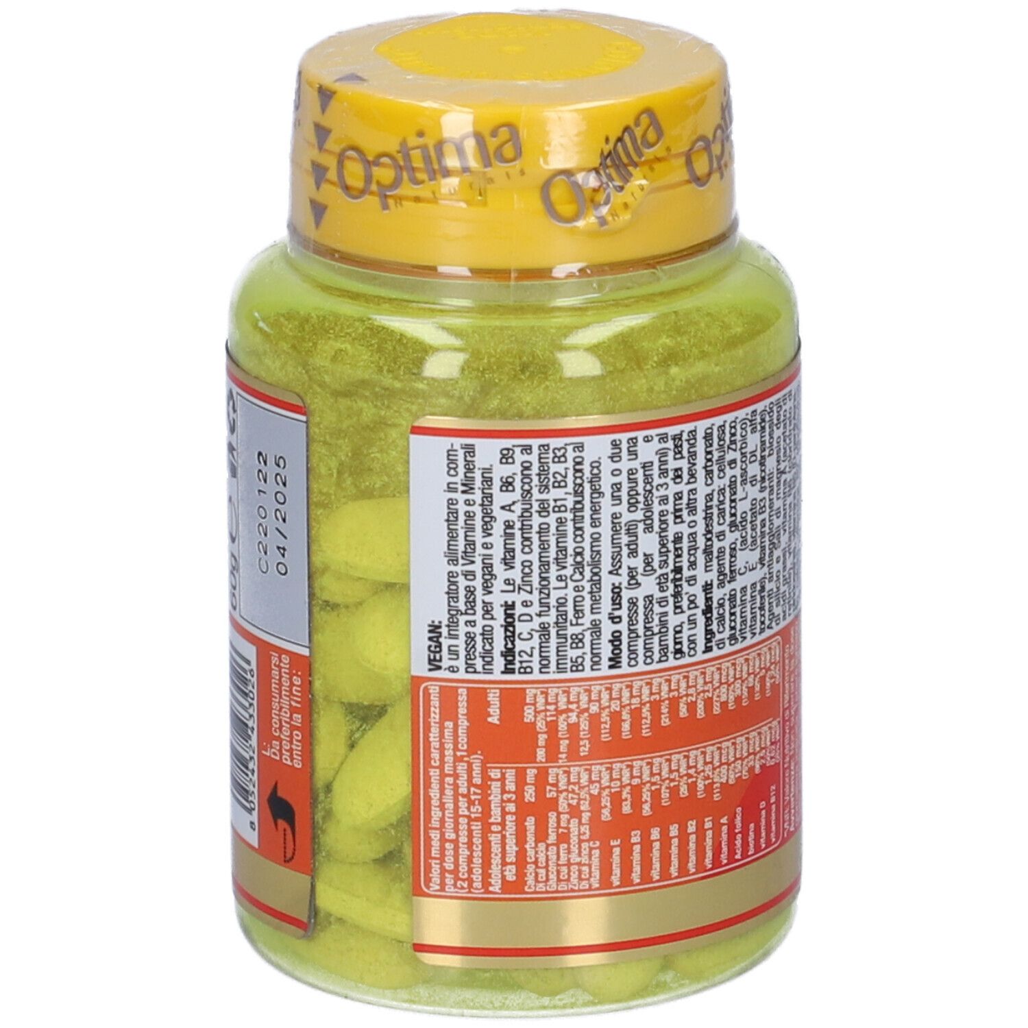 Gelbe Flasche mit Tabletten. Aufschrift: Vegan, 12 Vitamine + 3 Mineralien. 60 Tabletten.