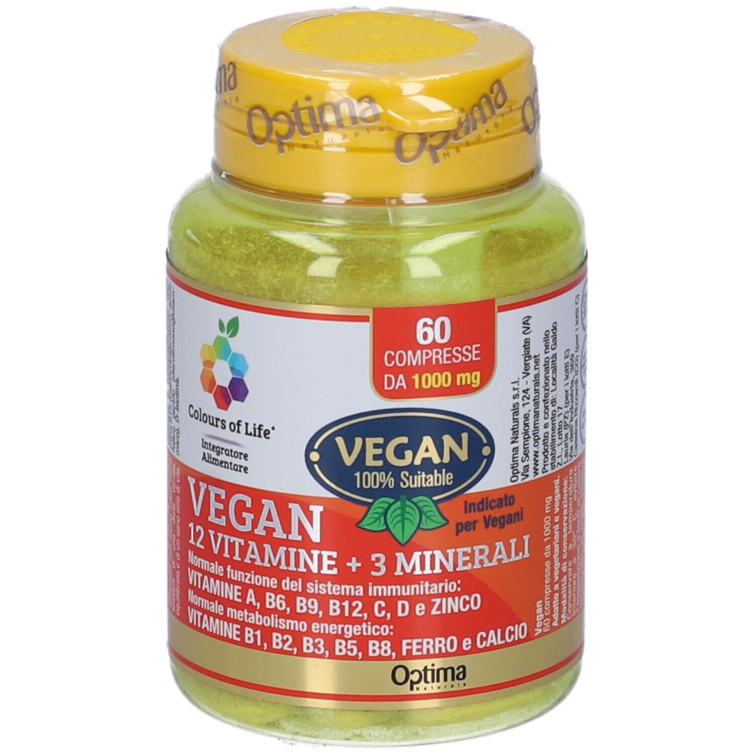 Gelbe Flasche mit Tabletten. Aufschrift: Vegan, 12 Vitamine + 3 Mineralien. 60 Tabletten.