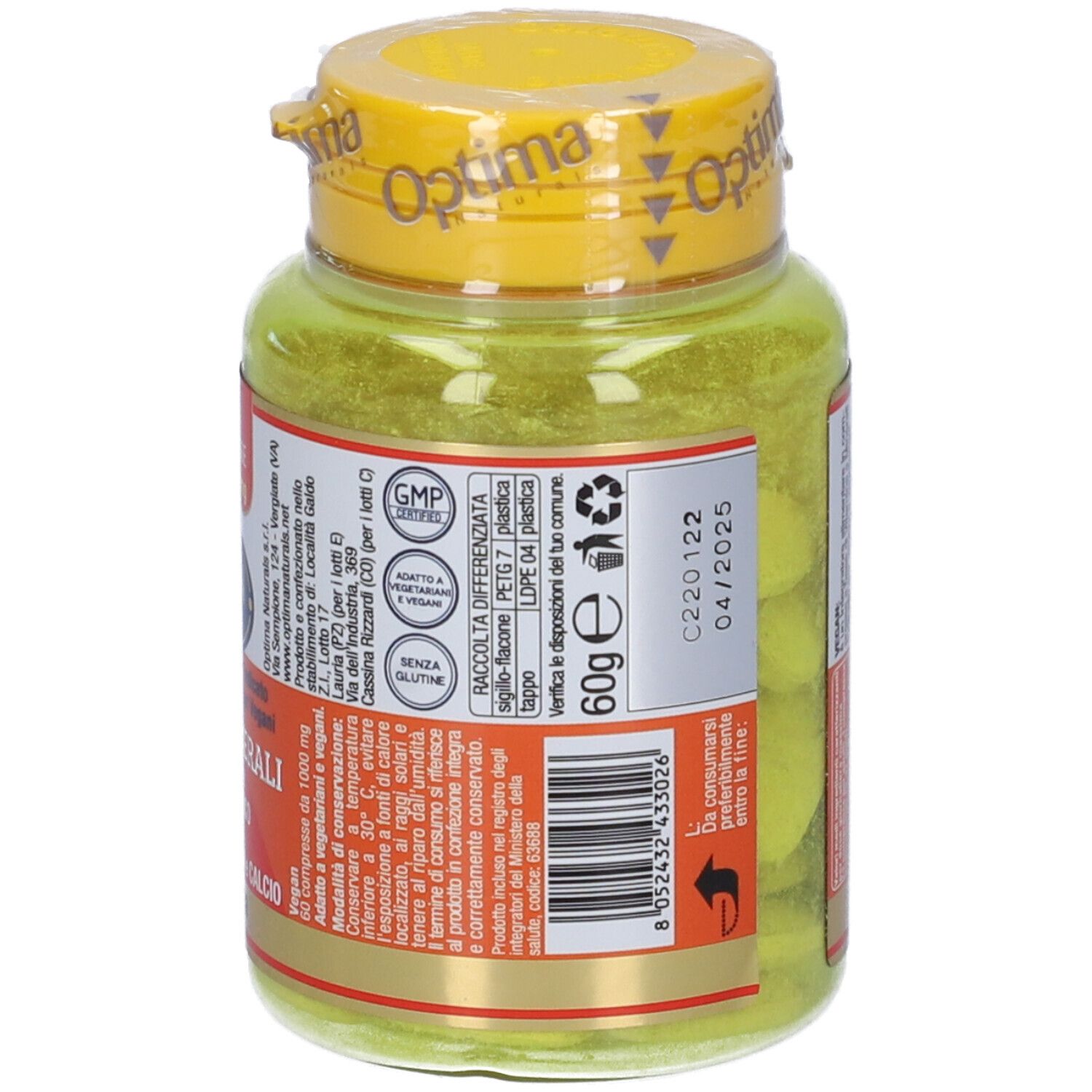 Gelbe Flasche mit Tabletten. Aufschrift: Vegan, 12 Vitamine + 3 Mineralien. 60 Tabletten.