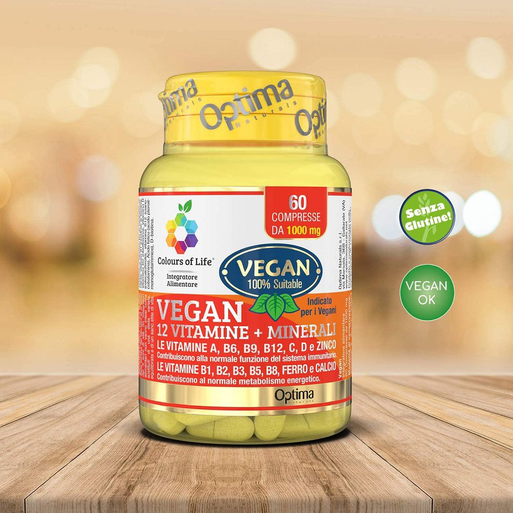 Flasche mit veganen Vitamin- und Mineralstofftabletten, glutenfrei und vegan zertifiziert.