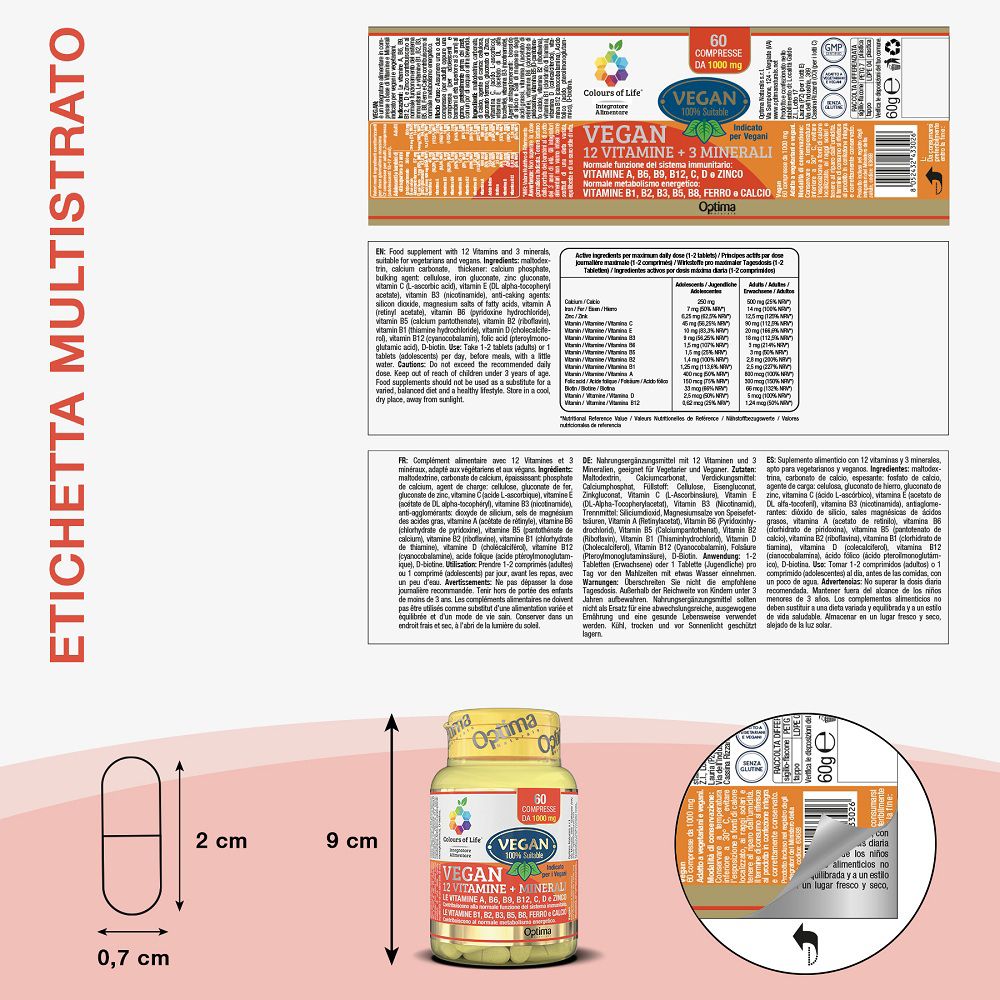 Verpackungsdetails und Grössenangaben für vegane Vitamin- und Mineralstofftabletten.