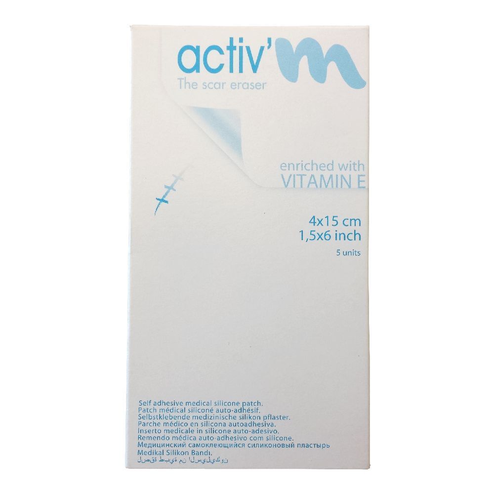 Confezione di cerotti per cicatrici activ'm, 4x15cm, arricchiti con vitamina E. 5 pezzi.