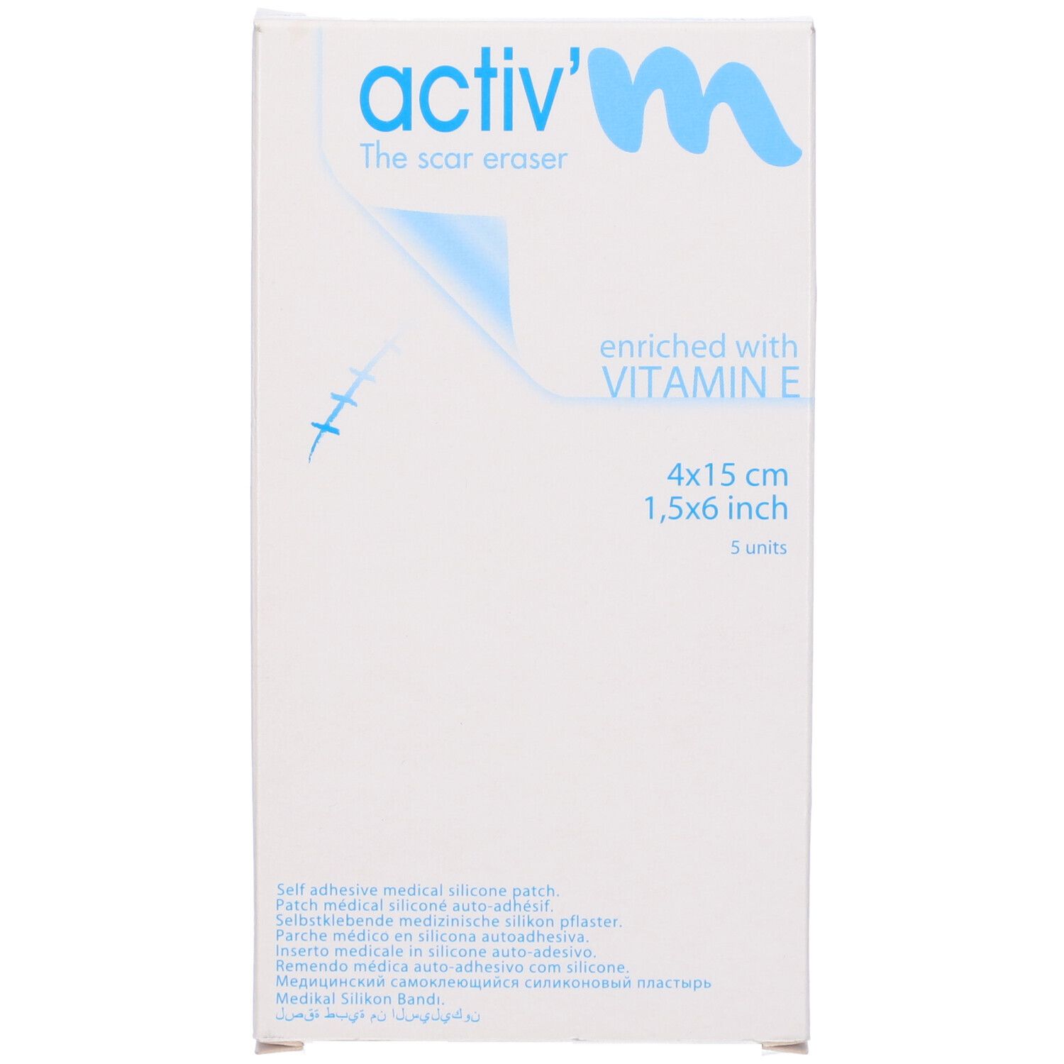 Confezione di cerotti per cicatrici activ'm, 4x15cm, arricchiti con vitamina E. 5 pezzi.