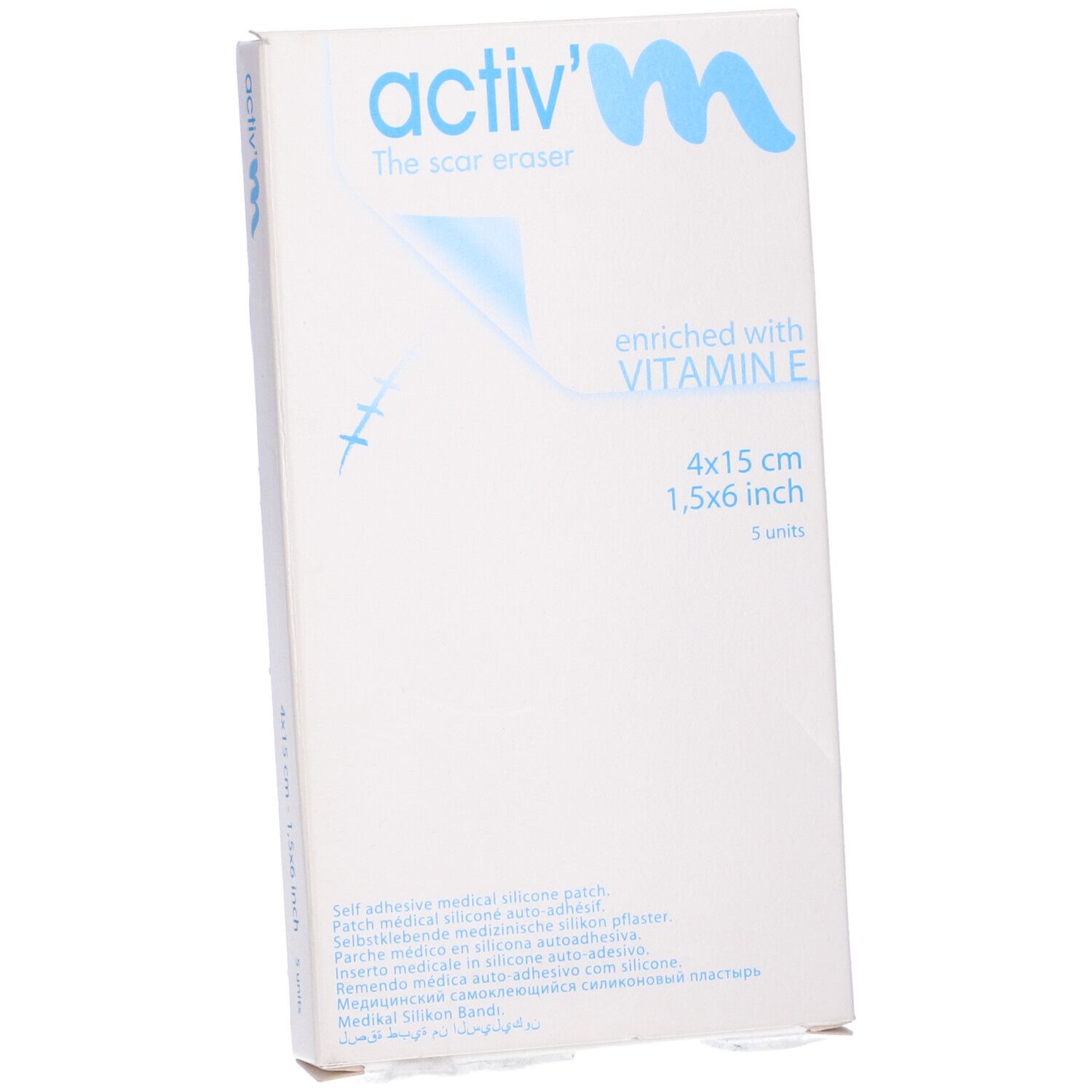 Confezione di cerotti per cicatrici activ'm, 4x15cm, arricchiti con vitamina E. 5 pezzi.