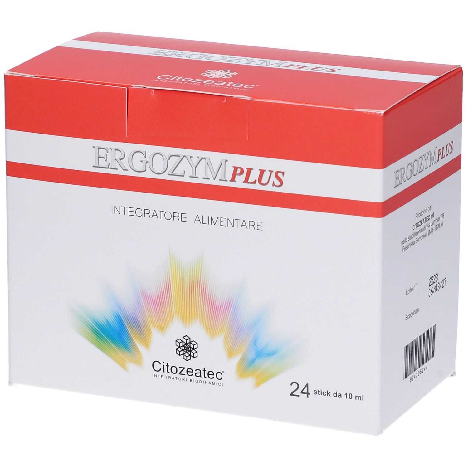 Confezione Citozeatec ERGOZYM PLUS. Scatola rossa e bianca con nome e logo. Contiene 24 stick da 10 ml.