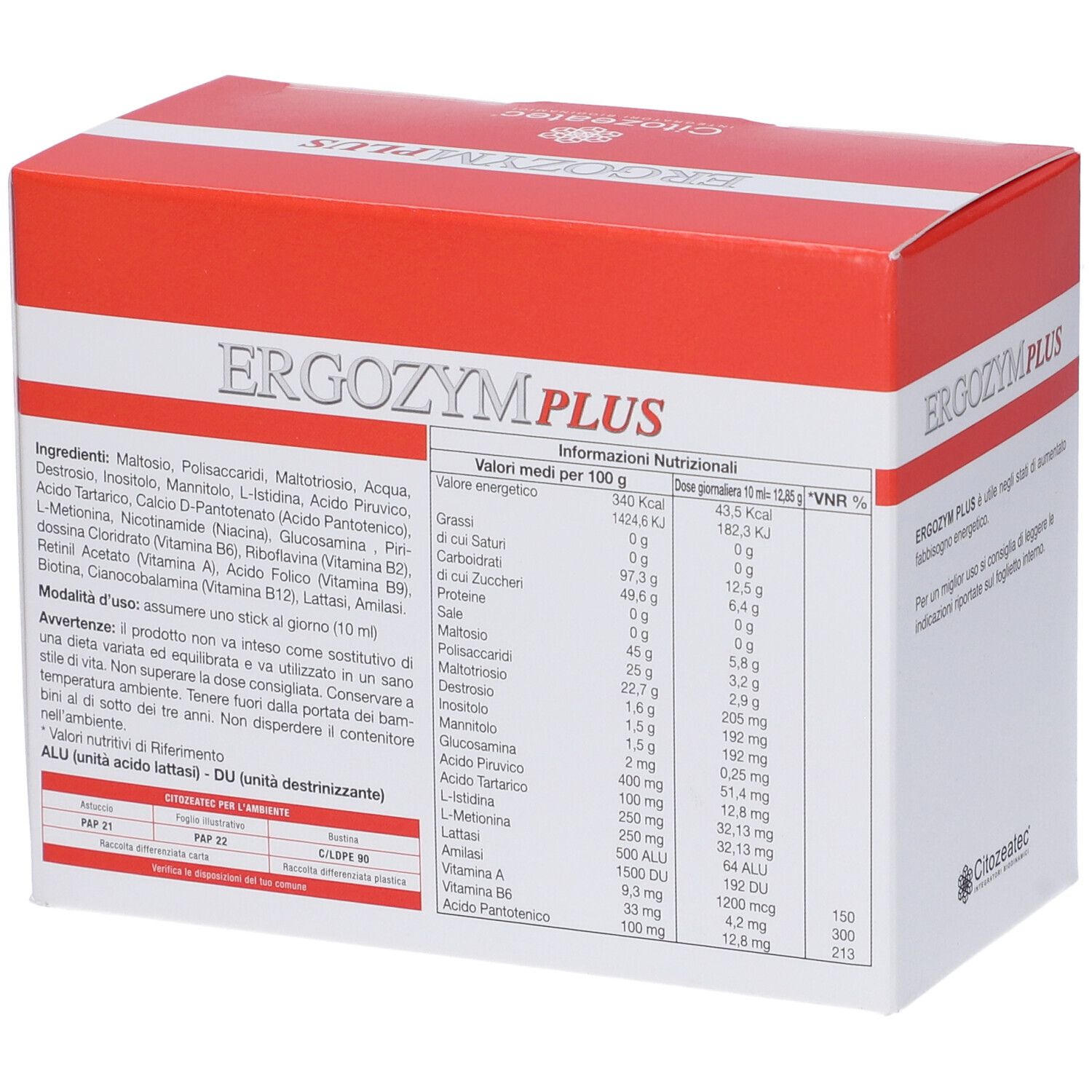 Confezione Citozeatec ERGOZYM PLUS. Scatola rossa e bianca con informazioni nutrizionali. Ingredienti e valori nutrizionali.