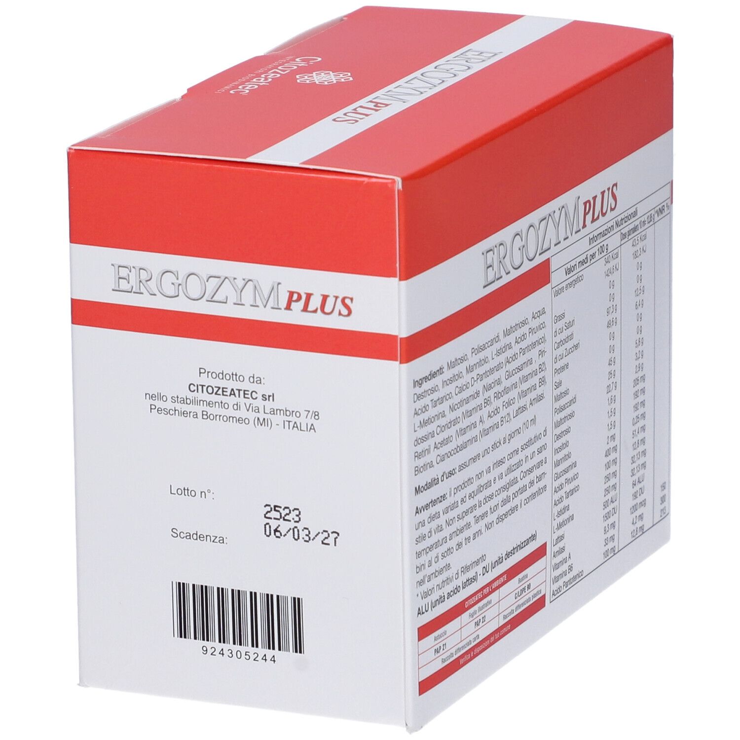 Confezione Citozeatec ERGOZYM PLUS. Scatola rossa e bianca con indirizzo produttore, numero lotto e scadenza.