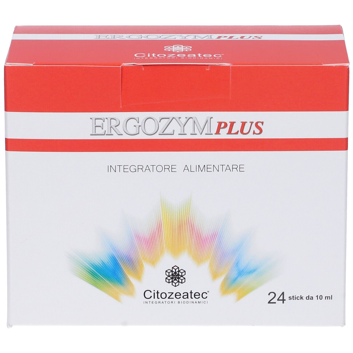 Confezione Citozeatec ERGOZYM PLUS. Scatola rossa e bianca con nome e logo. Contiene 24 stick da 10 ml.