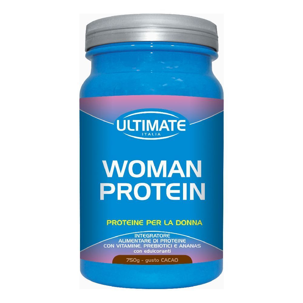 Barattolo blu con coperchio argentato. Scritta: ULTIMATE, WOMAN PROTEIN. 750g Cacao.