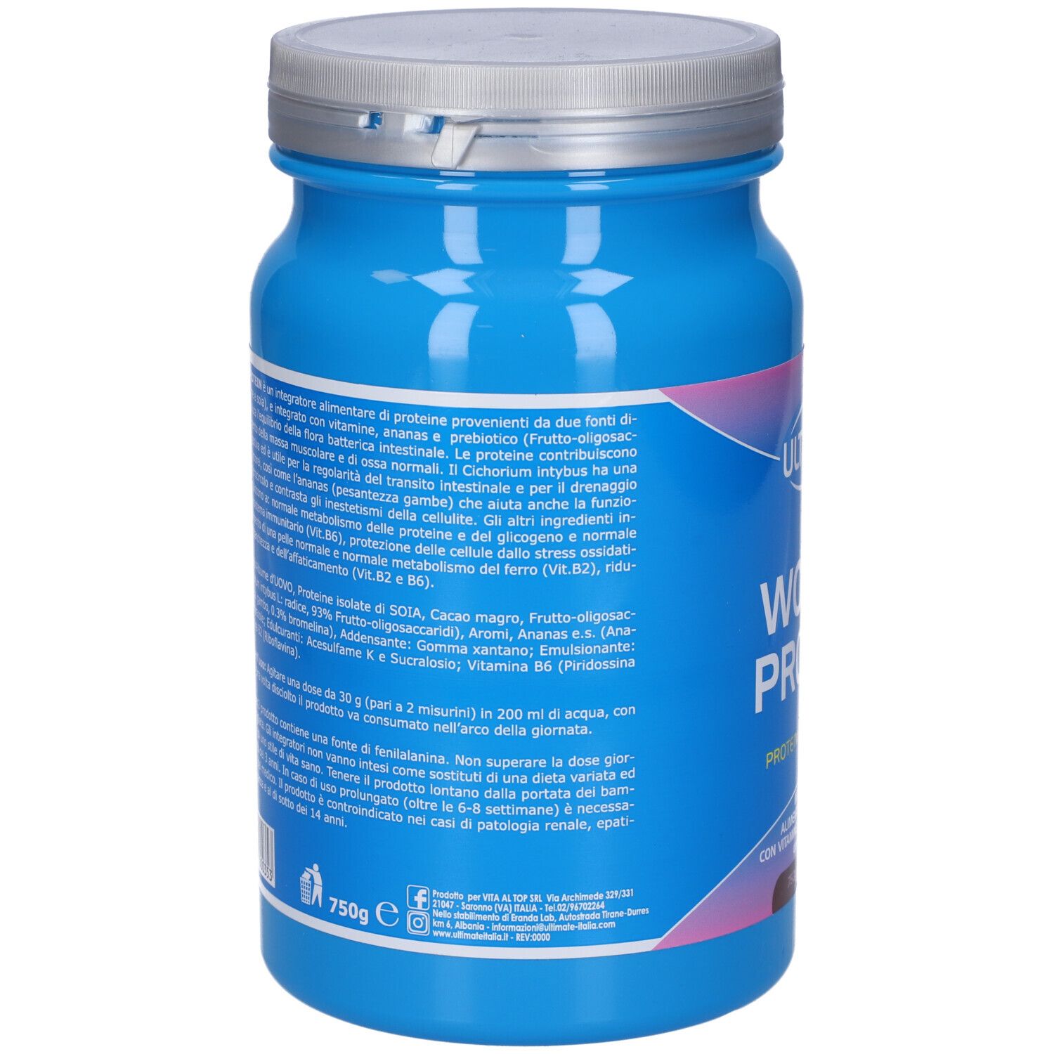 Barattolo blu con coperchio argentato. Retro con testo. 750g Cacao.