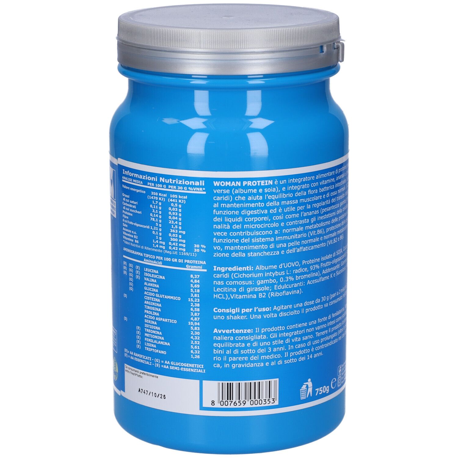 Barattolo blu con coperchio argentato. Retro con testo. 750g Cacao.