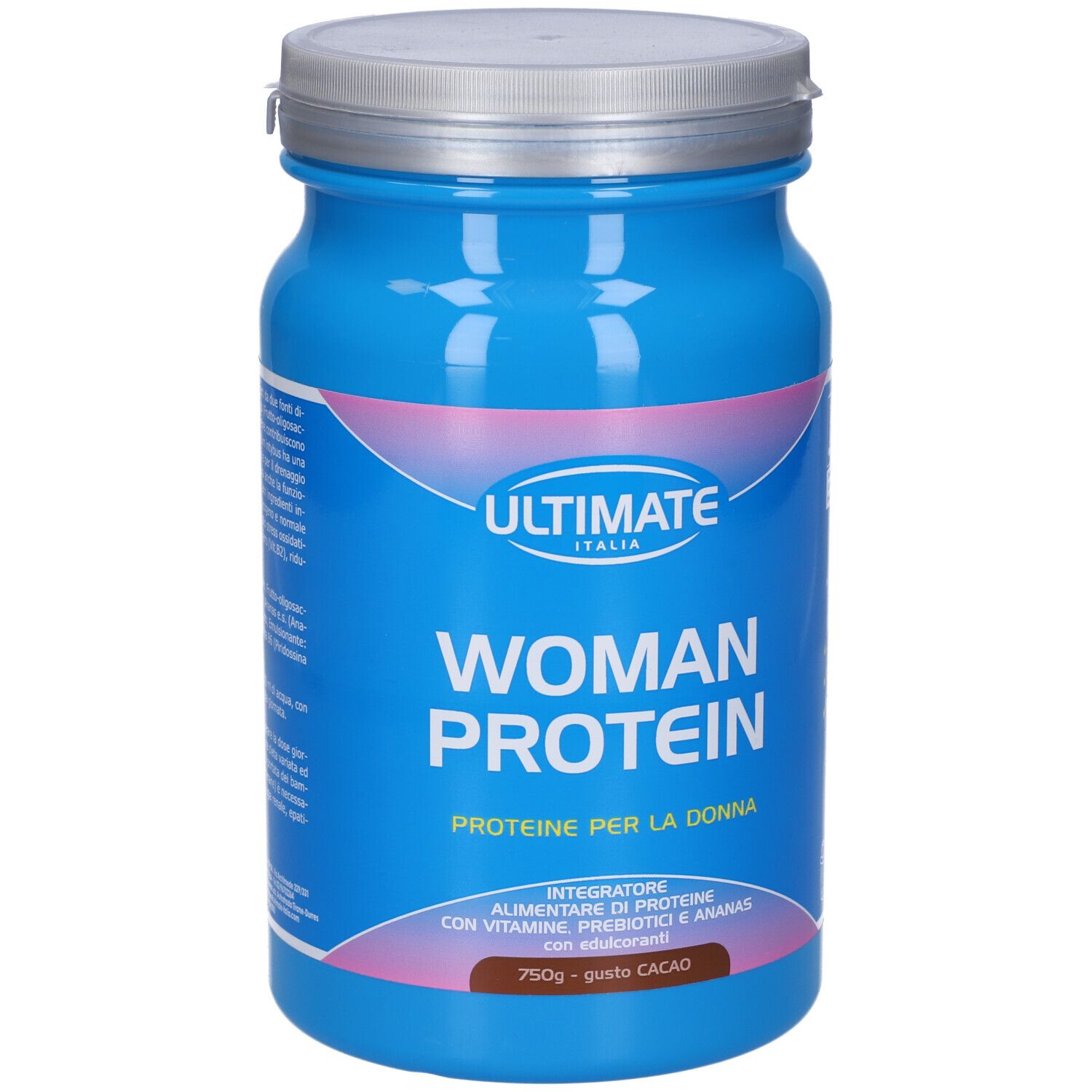 Barattolo blu con coperchio argentato. Scritta: ULTIMATE, WOMAN PROTEIN. 750g Cacao.