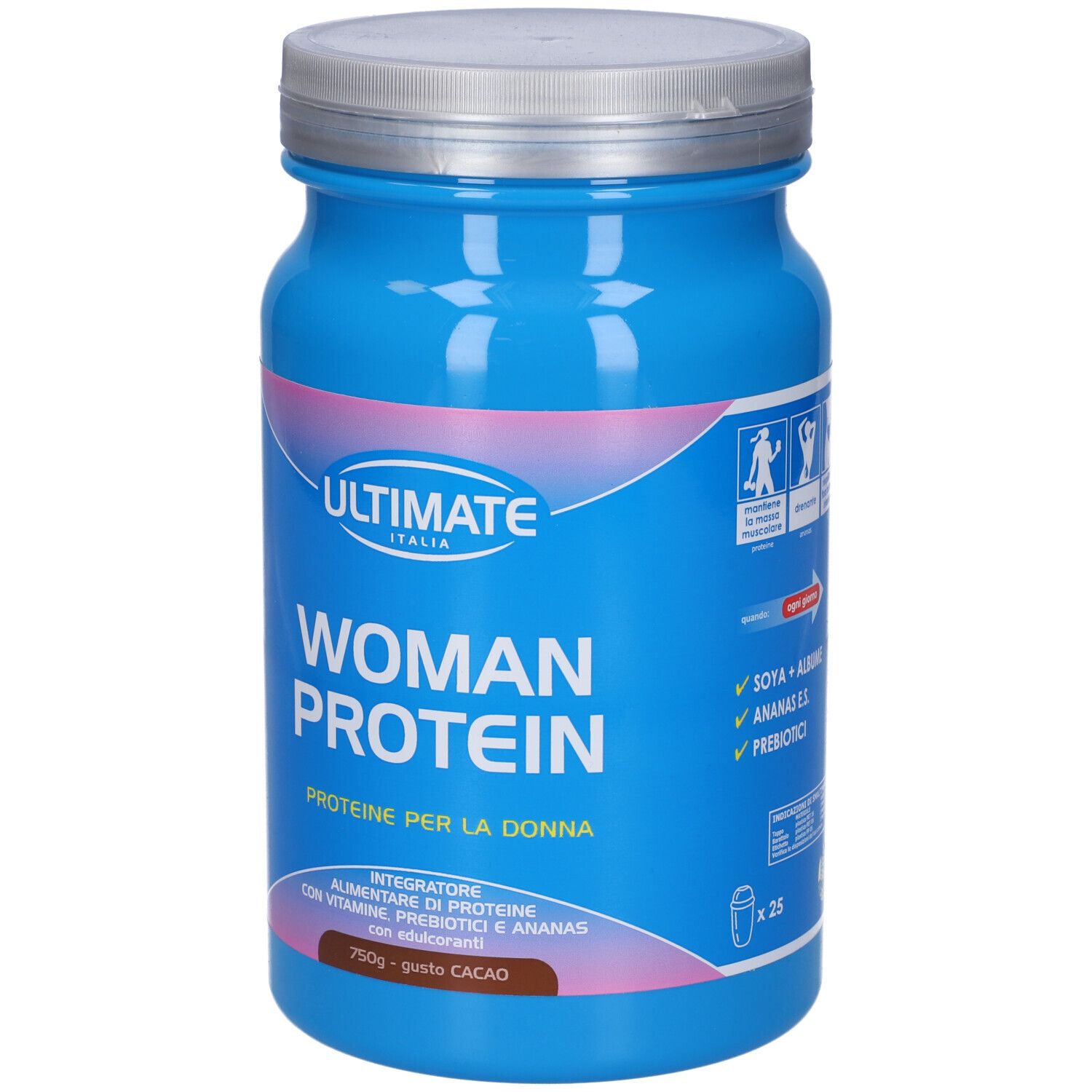 Barattolo blu con coperchio argentato. Scritta: ULTIMATE, WOMAN PROTEIN. 750g Cacao.
