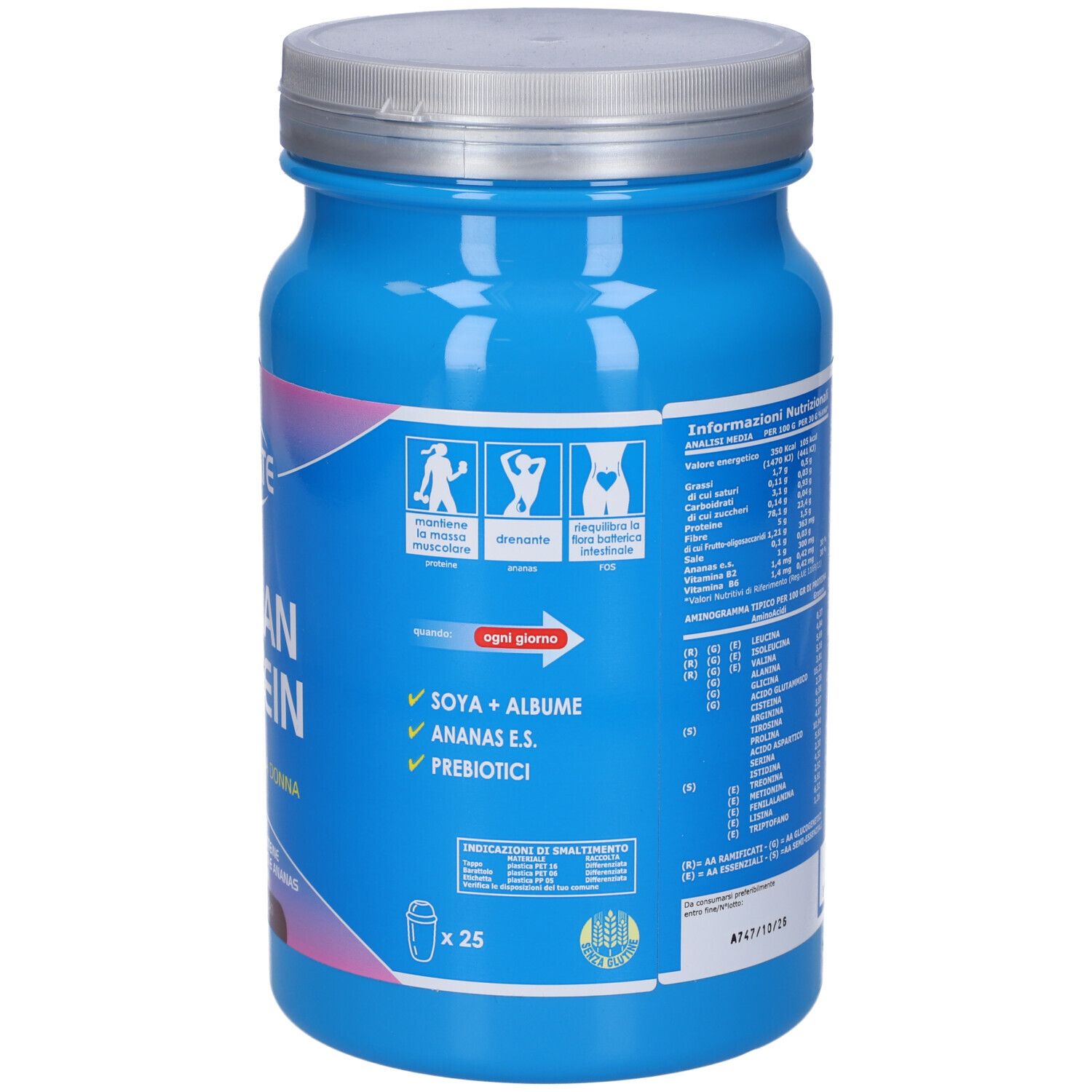 Barattolo blu con coperchio argentato. Scritta: ULTIMATE, WOMAN PROTEIN. 750g Cacao.