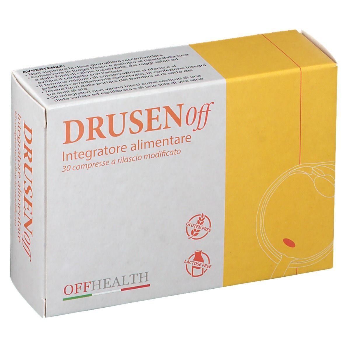 Scatola con nome del prodotto e scritta 'Integratore alimentare'. Senza glutine e senza lattosio. Colori giallo e bianco.