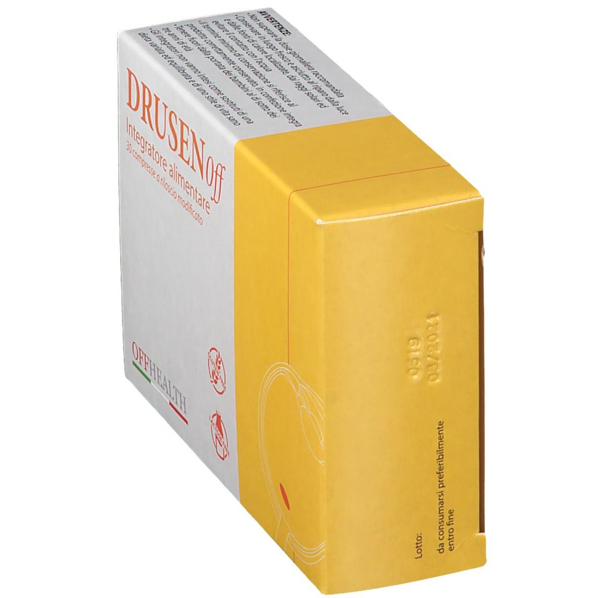 Scatola con nome del prodotto e scritta 'Integratore alimentare'. Senza glutine e senza lattosio. Colori giallo e bianco.