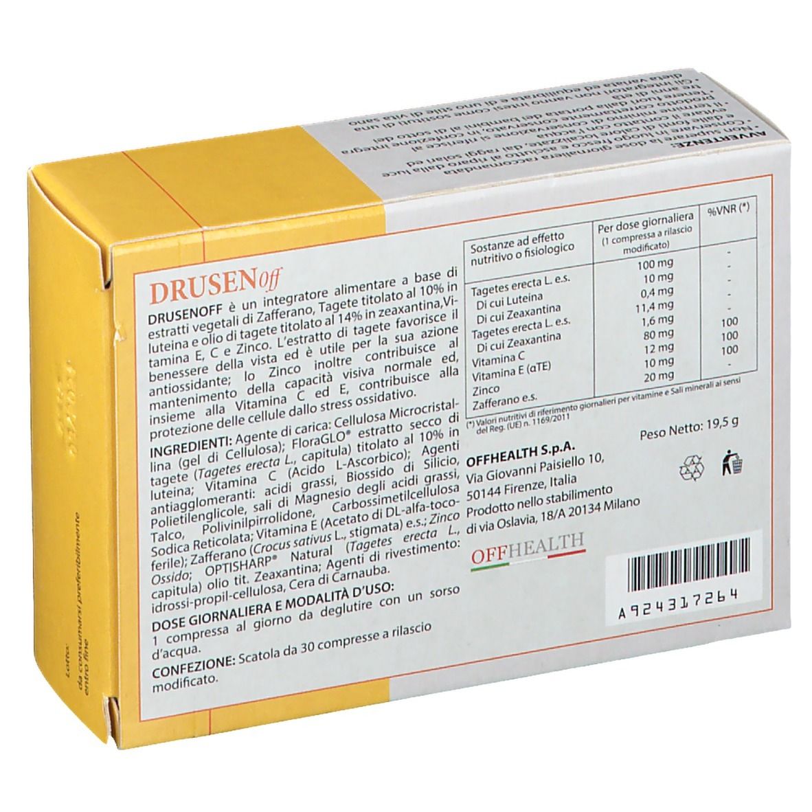 Scatola con informazioni sul prodotto, ingredienti e valori nutrizionali. Colori giallo e bianco. Testo in italiano.
