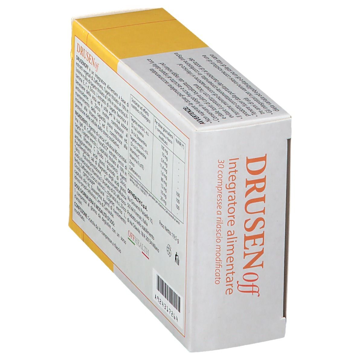 Scatola con informazioni sul prodotto, ingredienti e valori nutrizionali. Colori giallo e bianco. Testo in italiano.