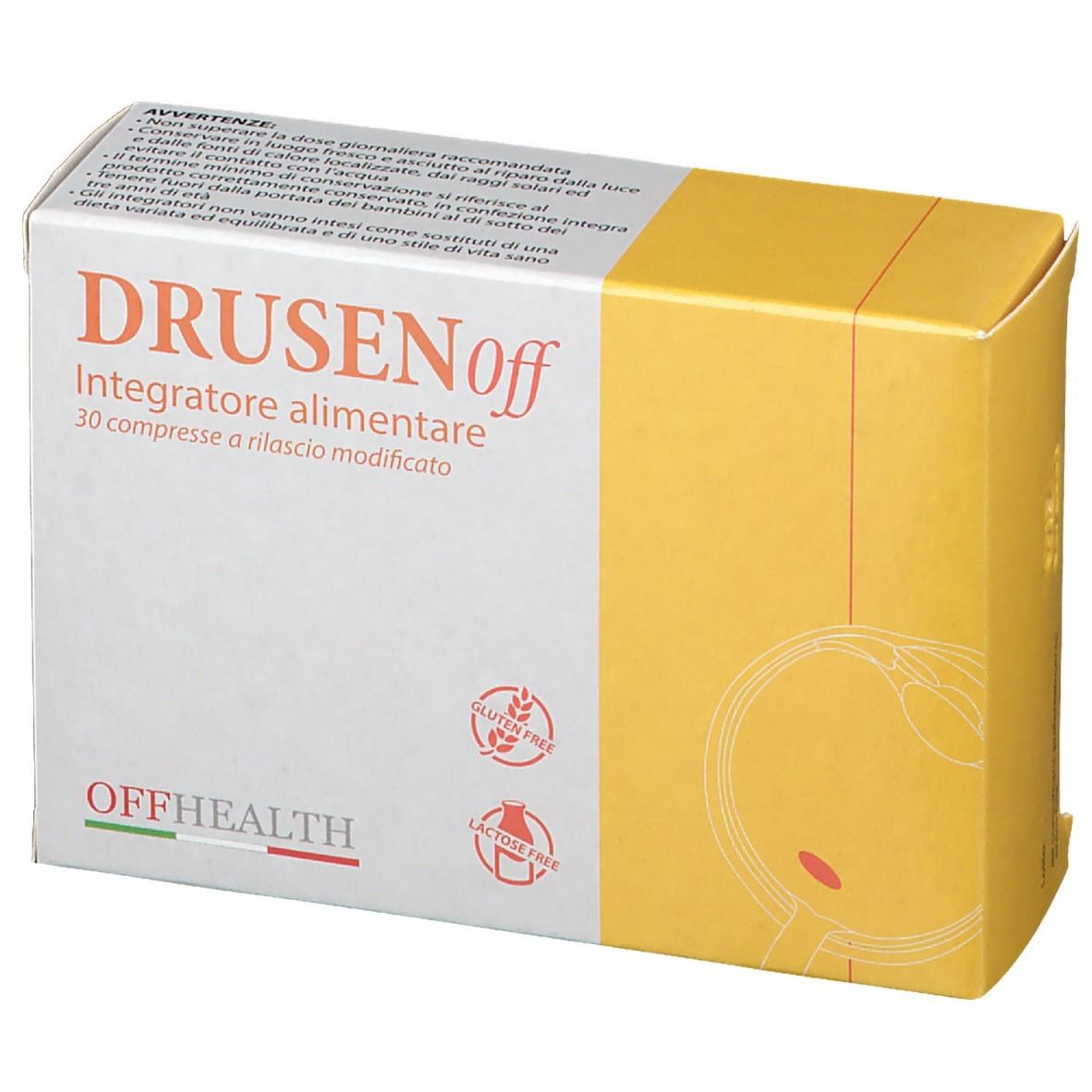 Scatola con nome del prodotto e scritta 'Integratore alimentare'. Senza glutine e senza lattosio. Colori giallo e bianco.