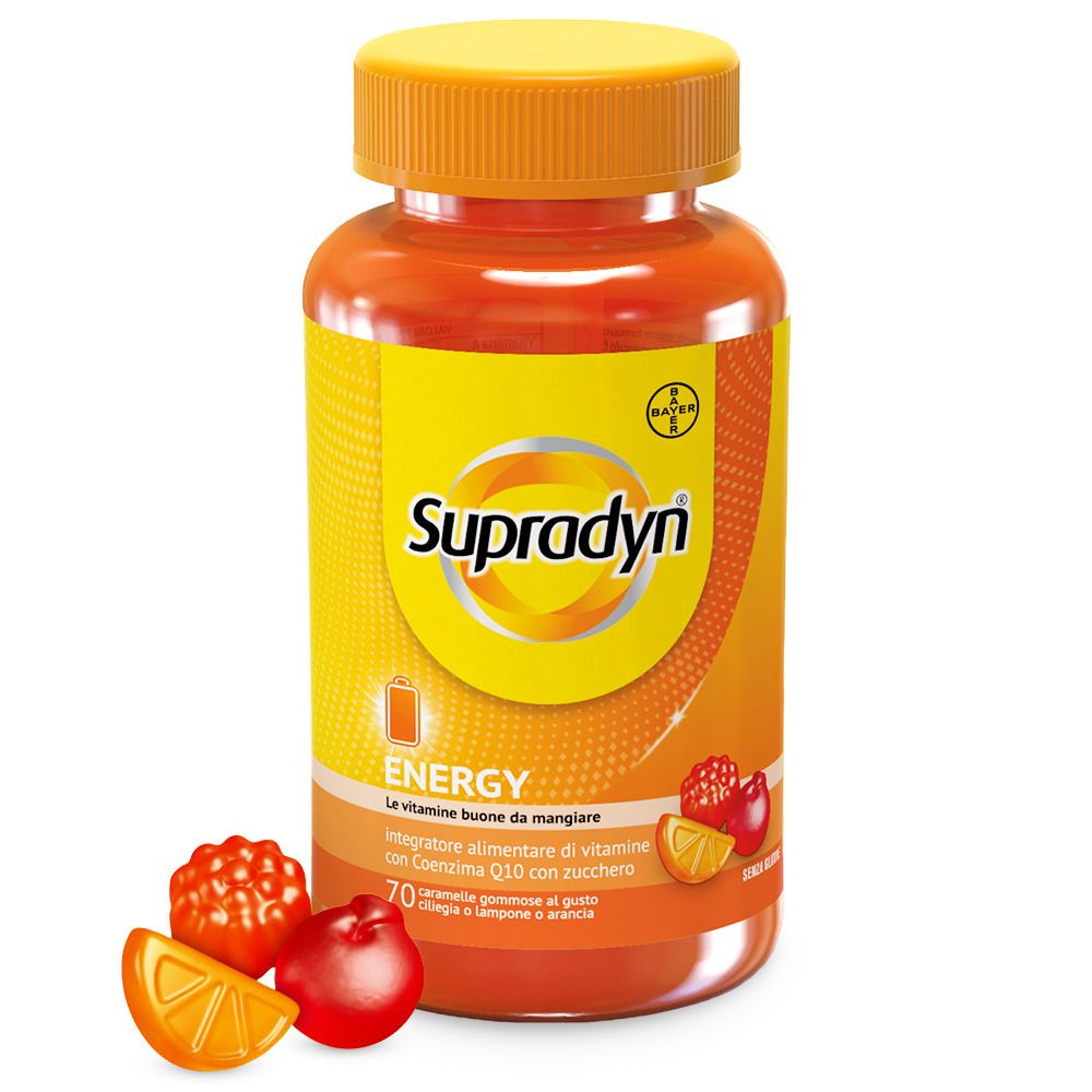 Braune Flasche mit gelbem Etikett. "Supradyn Energy" mit 70 Bonbons. Abgebildet sind Gummibonbons in Fruchtformen.