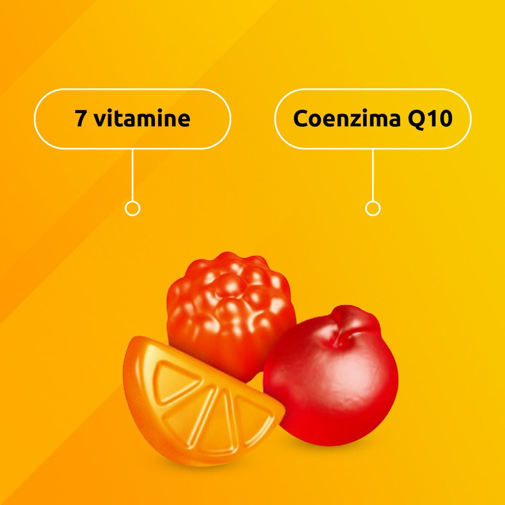 Gelber Hintergrund mit Text: "7 Vitamine" und "Coenzima Q10". Abgebildet sind Gummibonbons in Fruchtformen.