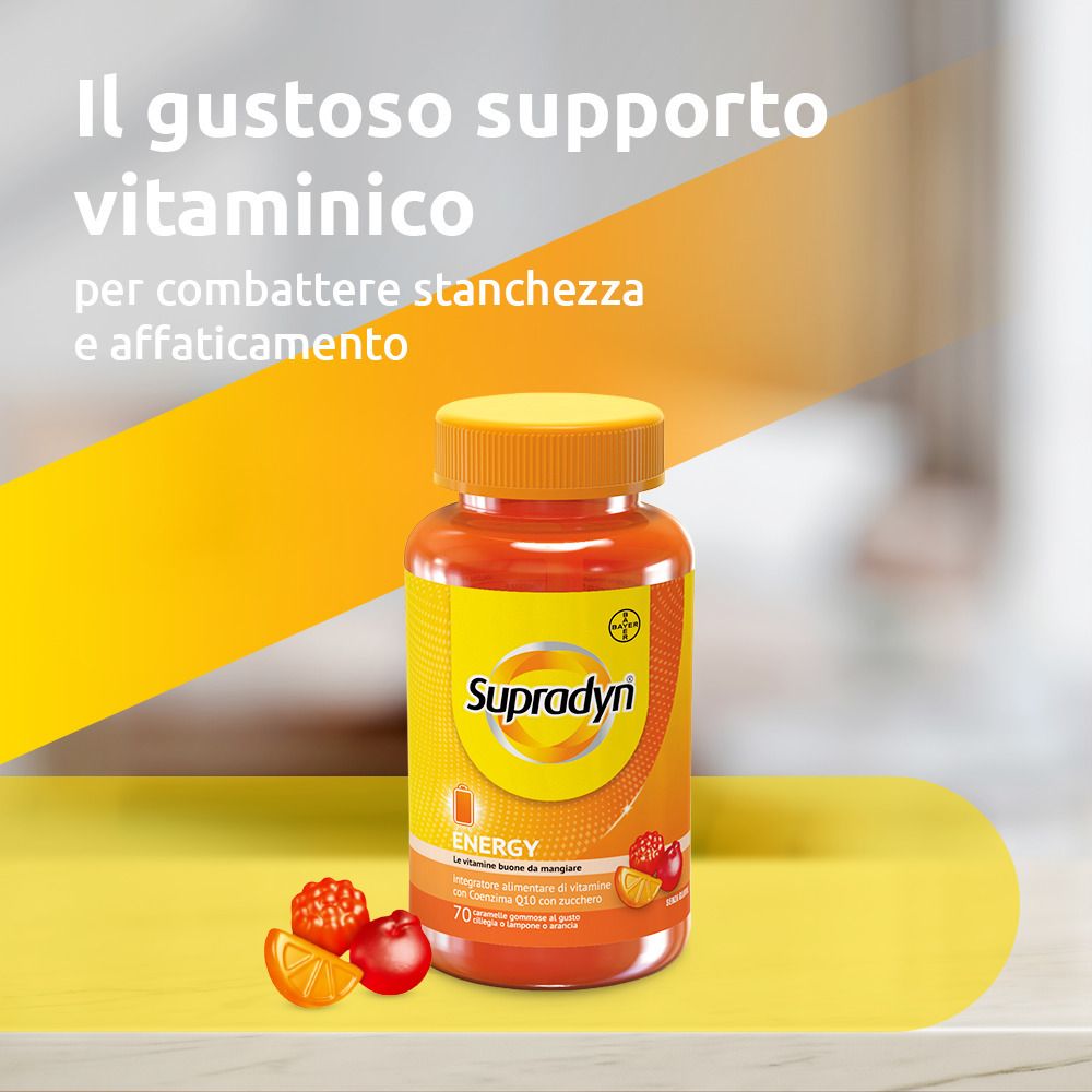 Flasche "Supradyn Energy" auf gelbem Hintergrund. Text: "Il gustoso supporto vitaminico per combattere stanchezza e affaticamento".