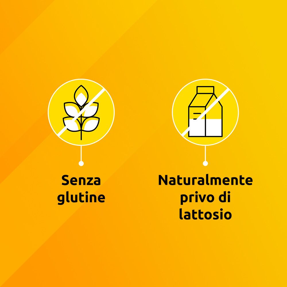 Gelber Hintergrund mit Symbolen: "Senza glutine" und "Naturalmente privo di lattosio".