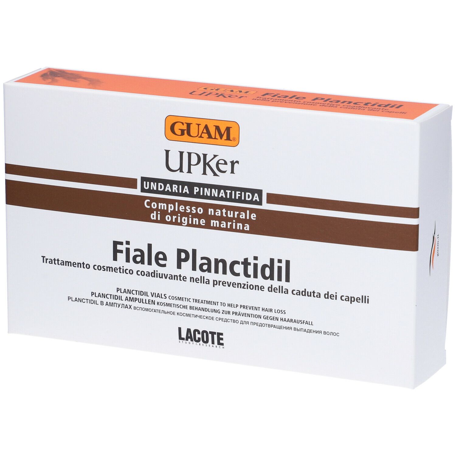Scatola bianca con dettagli marroni e arancioni. Scritta: GUAM Upker Fiale Planctidil.