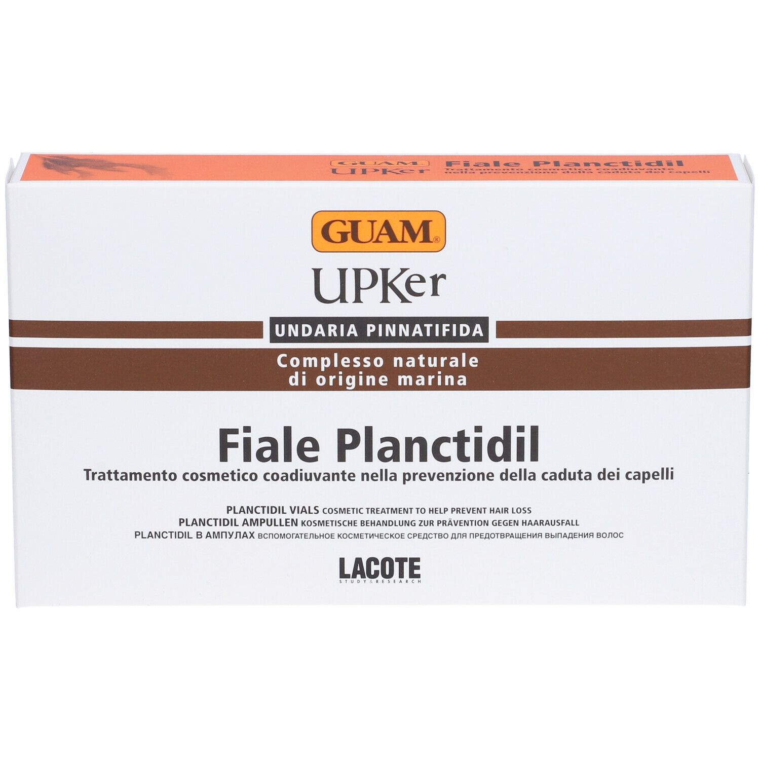 Scatola bianca con dettagli marroni e arancioni. Scritta: GUAM Upker Fiale Planctidil.