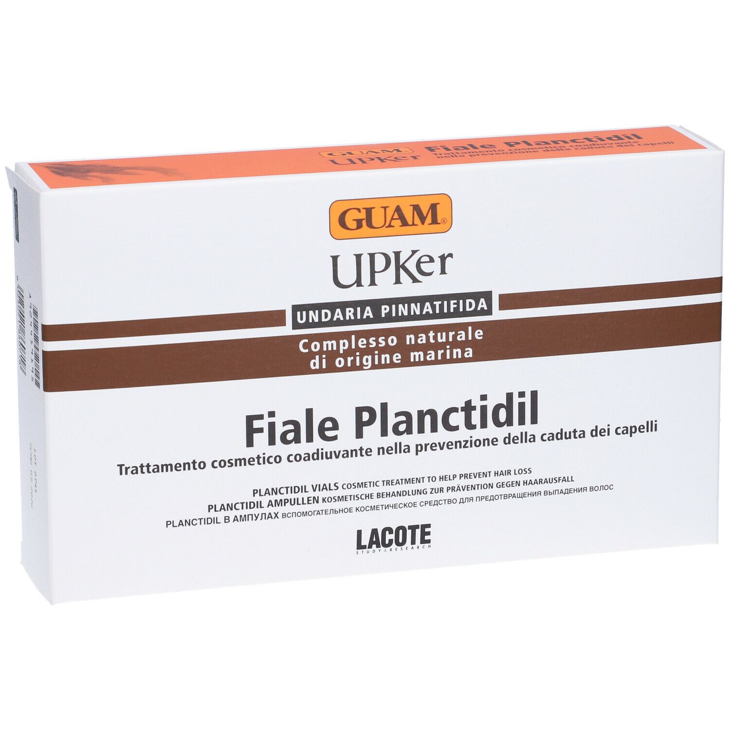 Scatola bianca con dettagli marroni e arancioni. Scritta: GUAM Upker Fiale Planctidil.