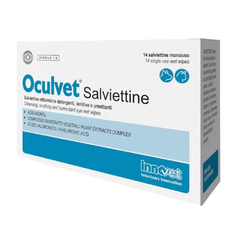 Scatola bianca con testo blu. Oculvet Salviettine, 14 salviettine monouso. Detergente, lenitivo e umettante per occhi.