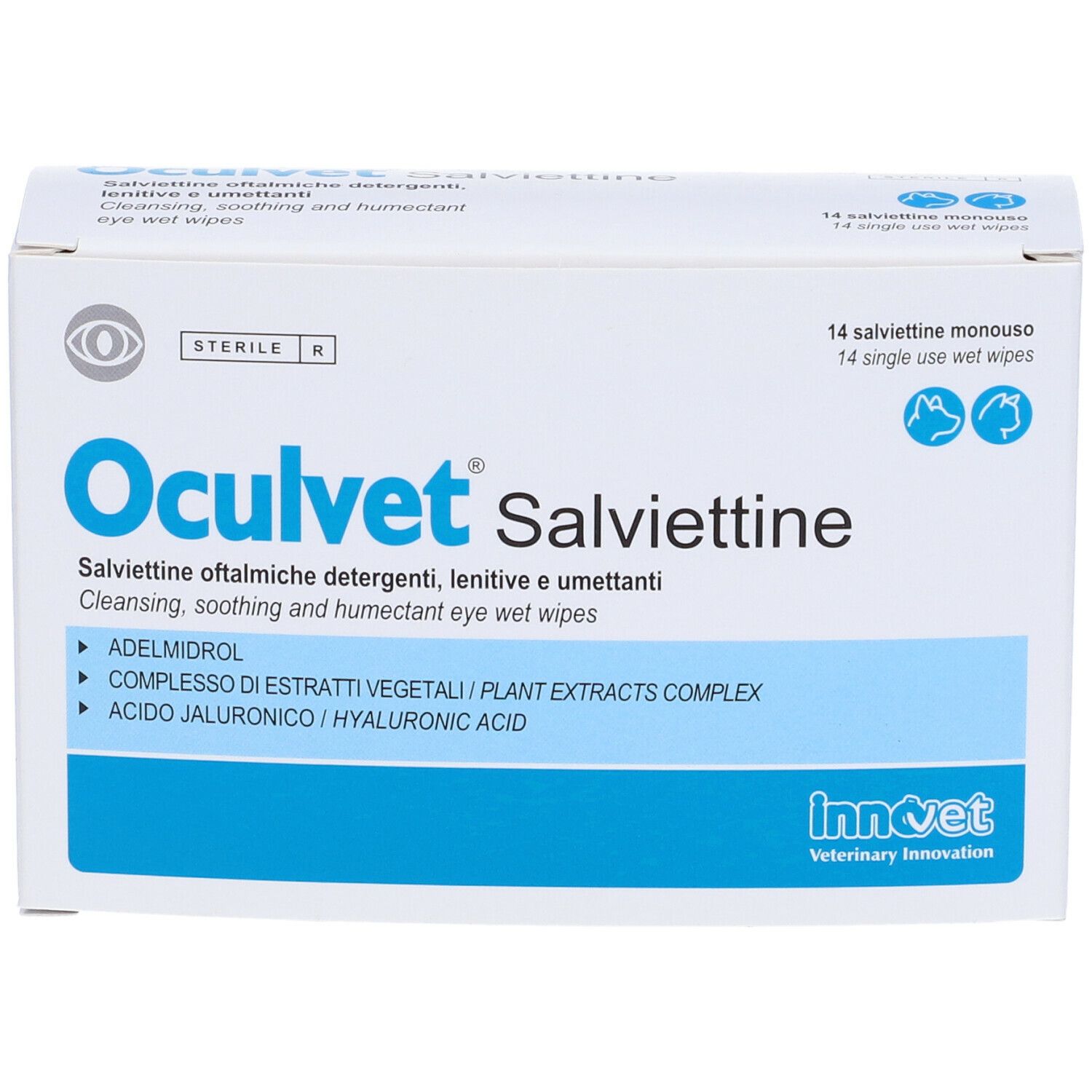 Scatola bianca con testo blu. Oculvet Salviettine, 14 salviettine monouso. Detergente, lenitivo e umettante per occhi.
