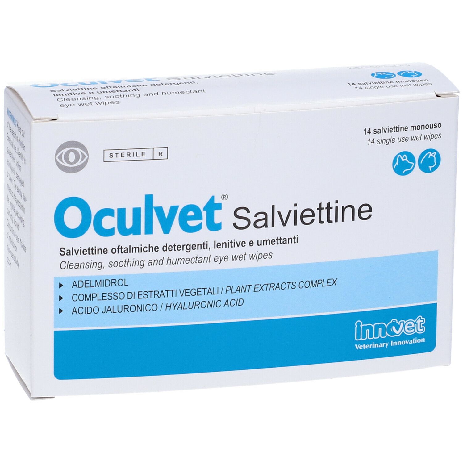 Scatola bianca con testo blu. Oculvet Salviettine, 14 salviettine monouso. Detergente, lenitivo e umettante per occhi.
