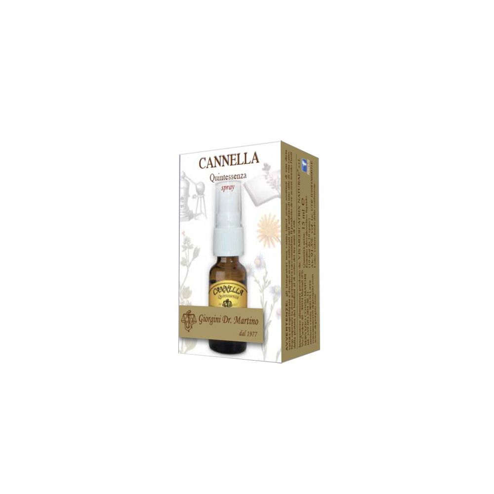 Flacone spray marrone in confezione di cartone. Scritta: Cannella Quintessenza Spray. Marchio: Giorgini Dr. Martino.