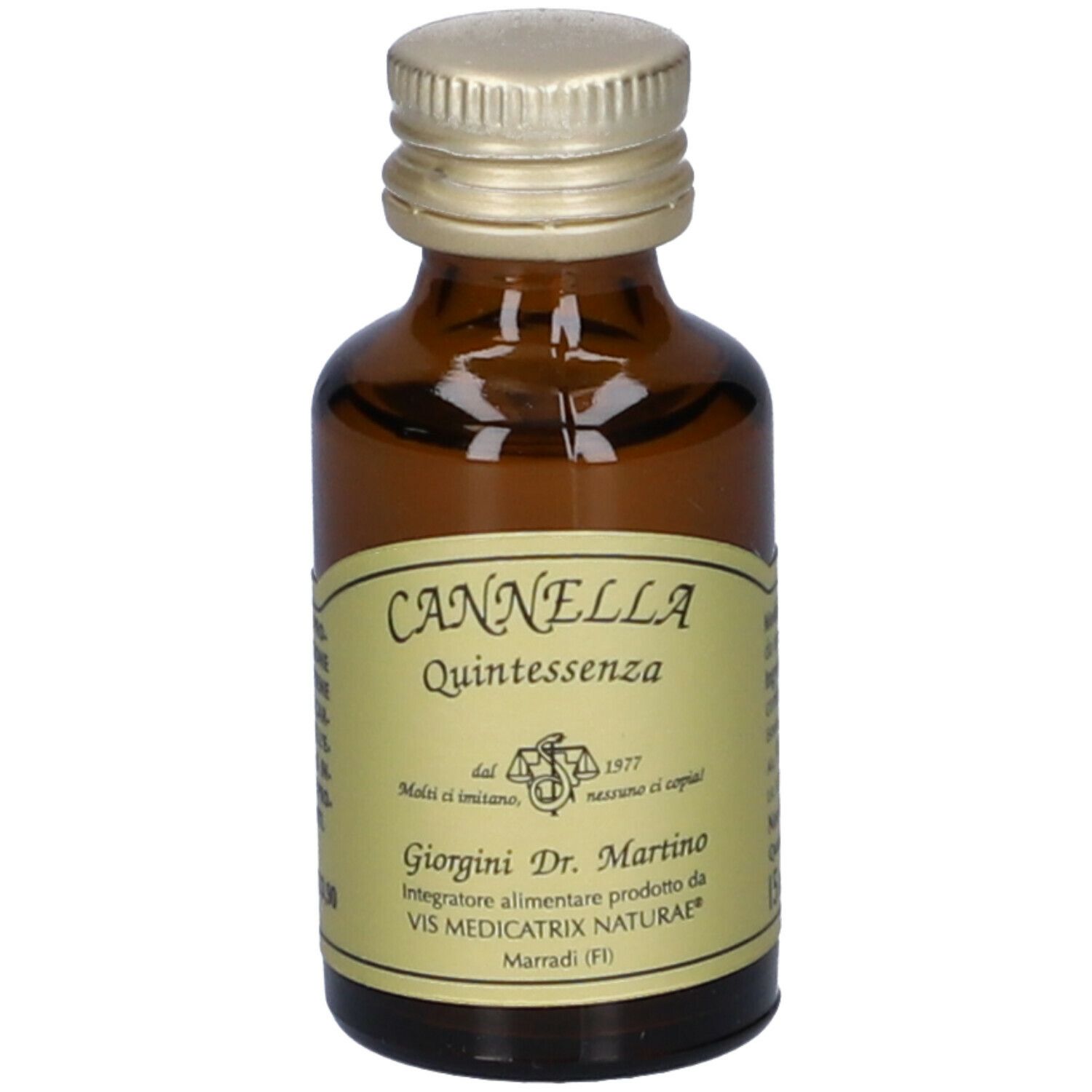 Flacone in vetro marrone con tappo dorato. Scritta: Cannella Quintessenza. Marchio: Giorgini Dr. Martino. Etichetta con informazioni.