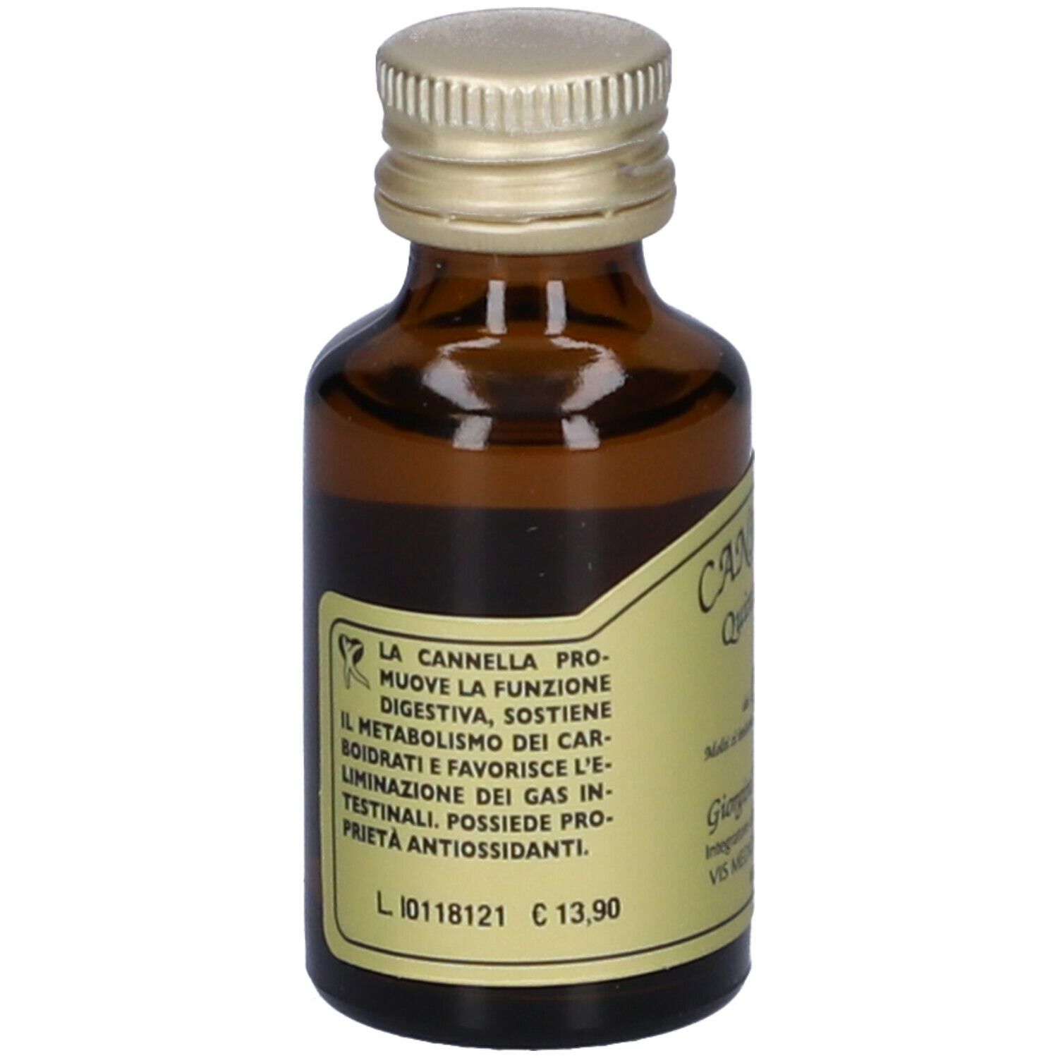 Flacone in vetro marrone con tappo dorato. Etichetta con informazioni. Scritta: Cannella Quintessenza. Marchio: Giorgini Dr. Martino.