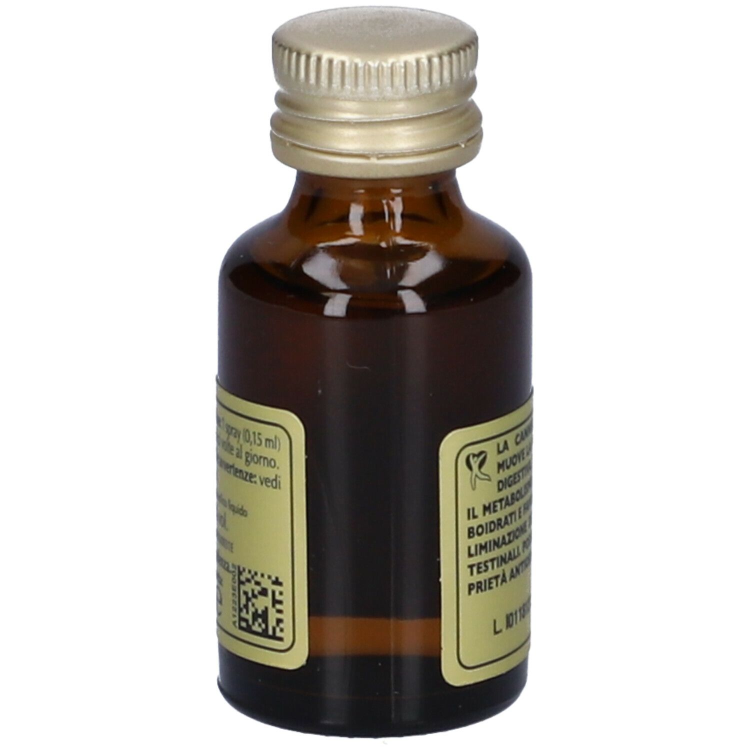 Flacone in vetro marrone con tappo dorato. Etichetta con informazioni. Scritta: Cannella Quintessenza. Marchio: Giorgini Dr. Martino.