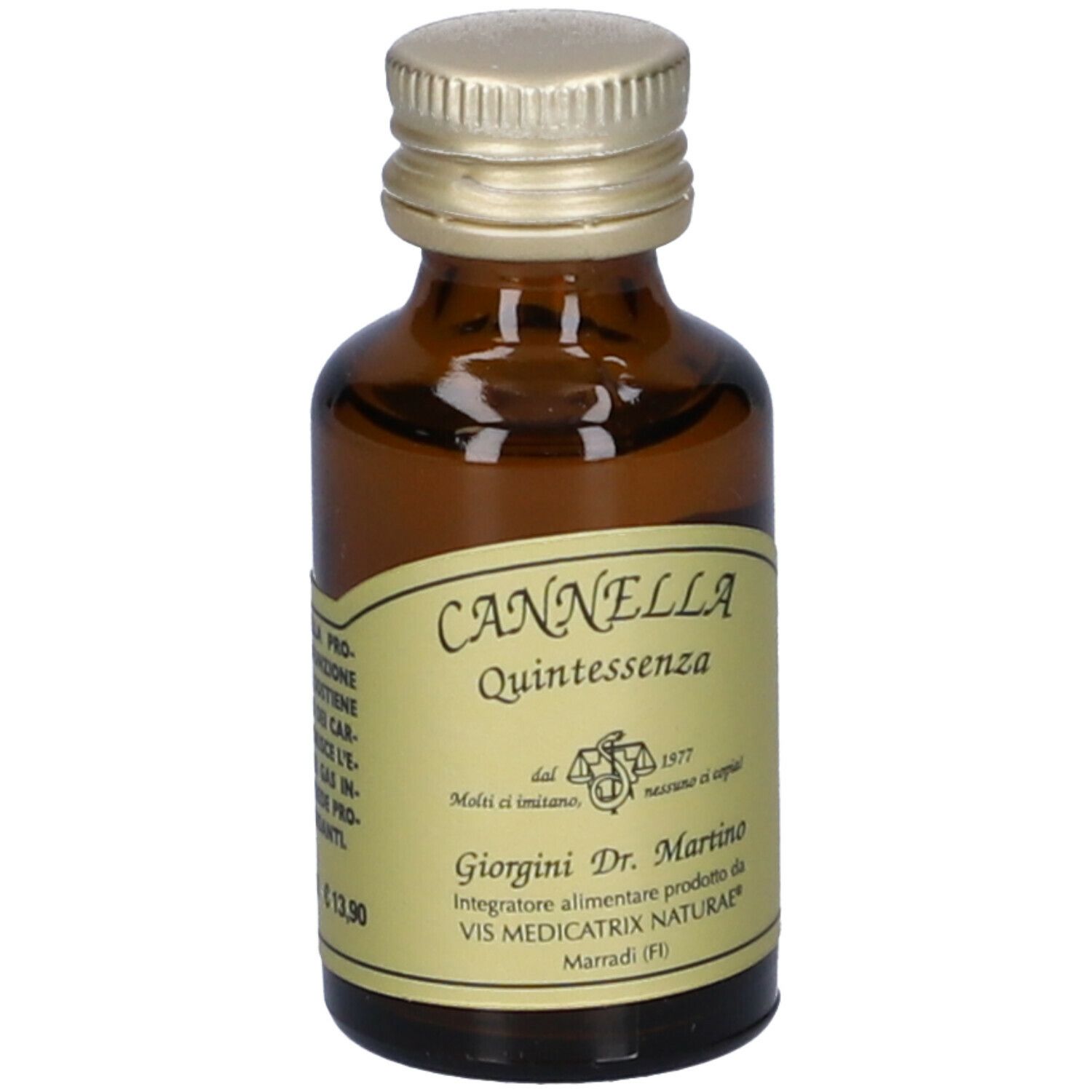 Flacone in vetro marrone con tappo dorato. Etichetta con informazioni. Scritta: Cannella Quintessenza. Marchio: Giorgini Dr. Martino.
