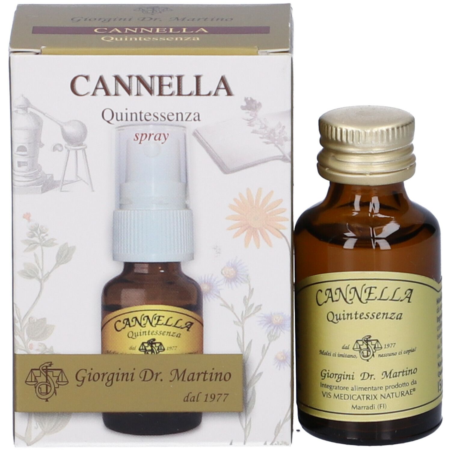 Confezione del prodotto con flacone e vaporizzatore. Scritta: Cannella Quintessenza Spray. Marchio: Giorgini Dr. Martino. Flacone accanto.